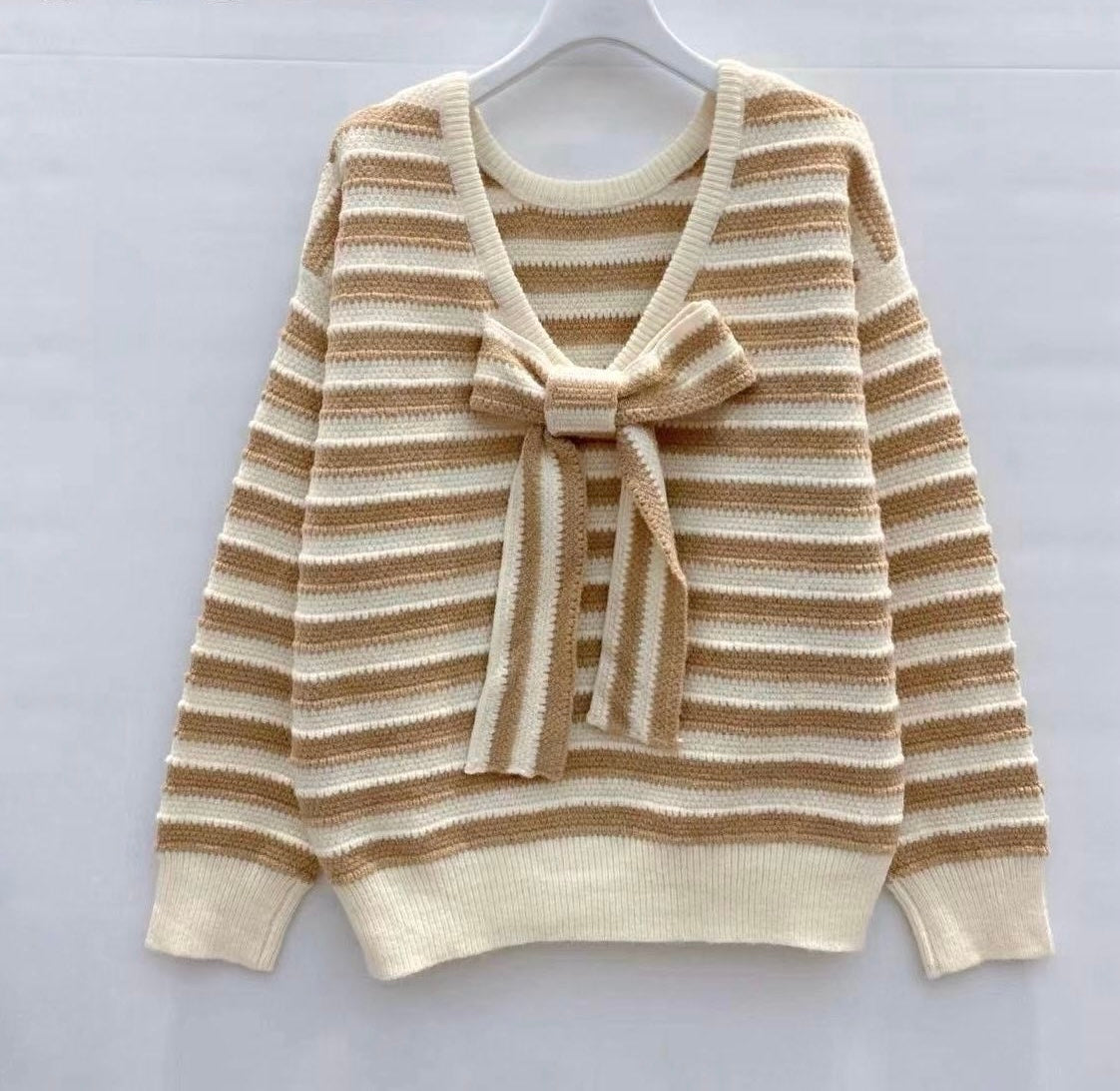 Beige-Wit Gestreepte Trui met Strikdetail op de Rug – One Size