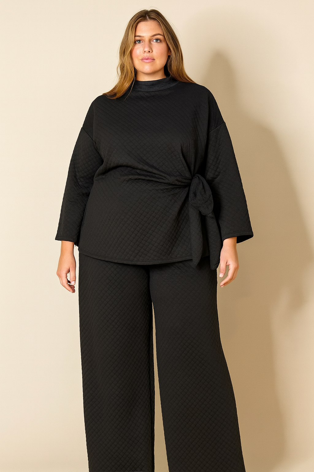 Zwart Doorgestikt Tweedelig Comfortpak met Trui en Wijde Broek