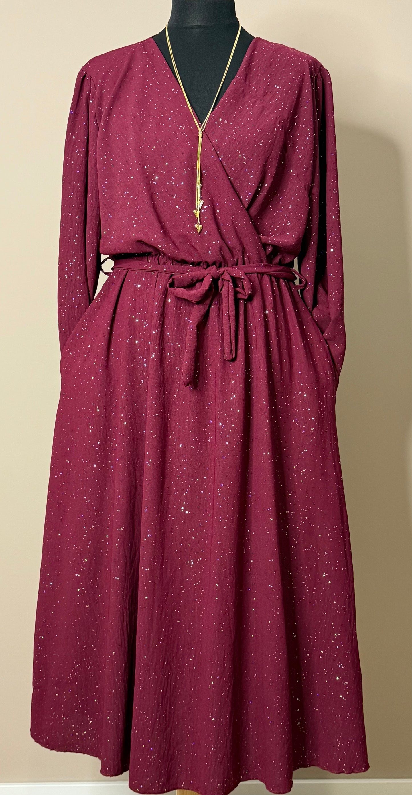 Glitter midi Wikkeljurk look met Lange Mouwen en Steekzakken in 4 kleuren