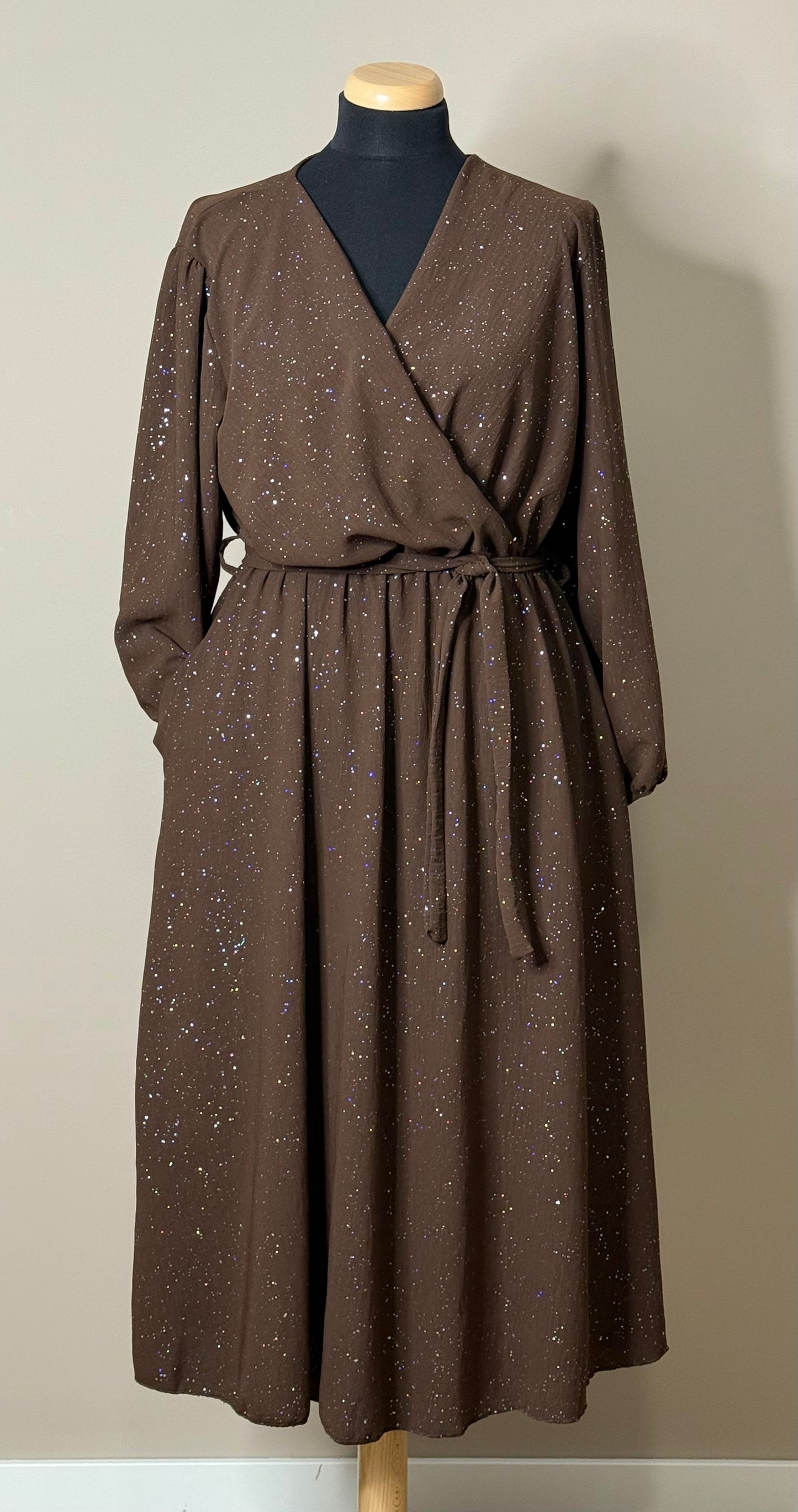 Glitter midi Wikkeljurk look met Lange Mouwen en Steekzakken in 4 kleuren