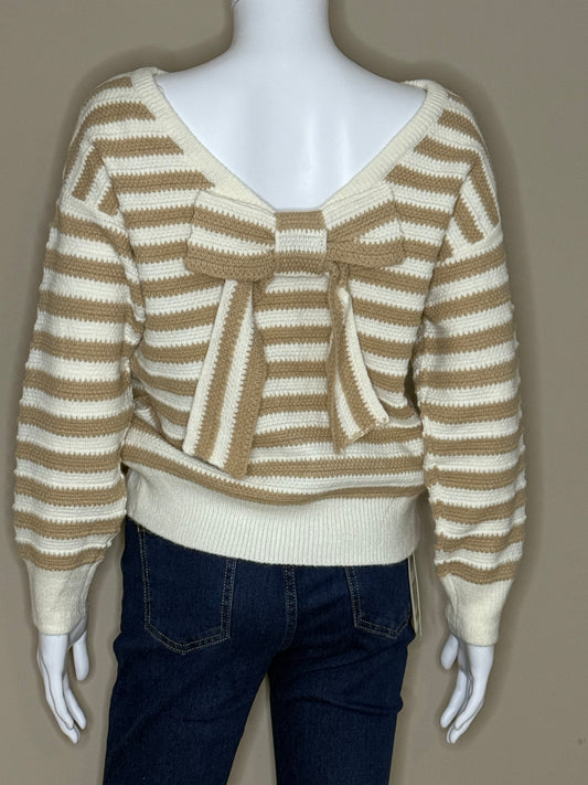 Beige-Wit Gestreepte Trui met Strikdetail op de Rug – One Size