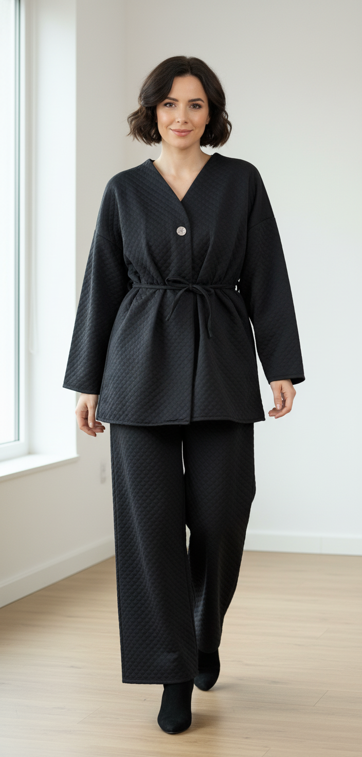 Zwart Doorgestikt Tweedelig Comfortpak met Vest en Wijde Broek